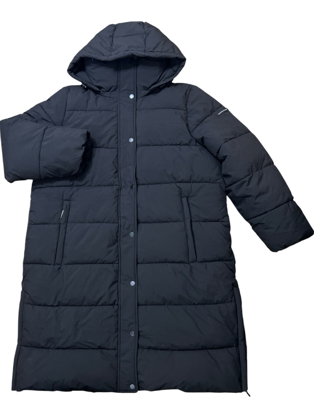 BCBG MAXAZRIA Women Hooded Quilted Long Puffer Coat Black Size XL Feather Free